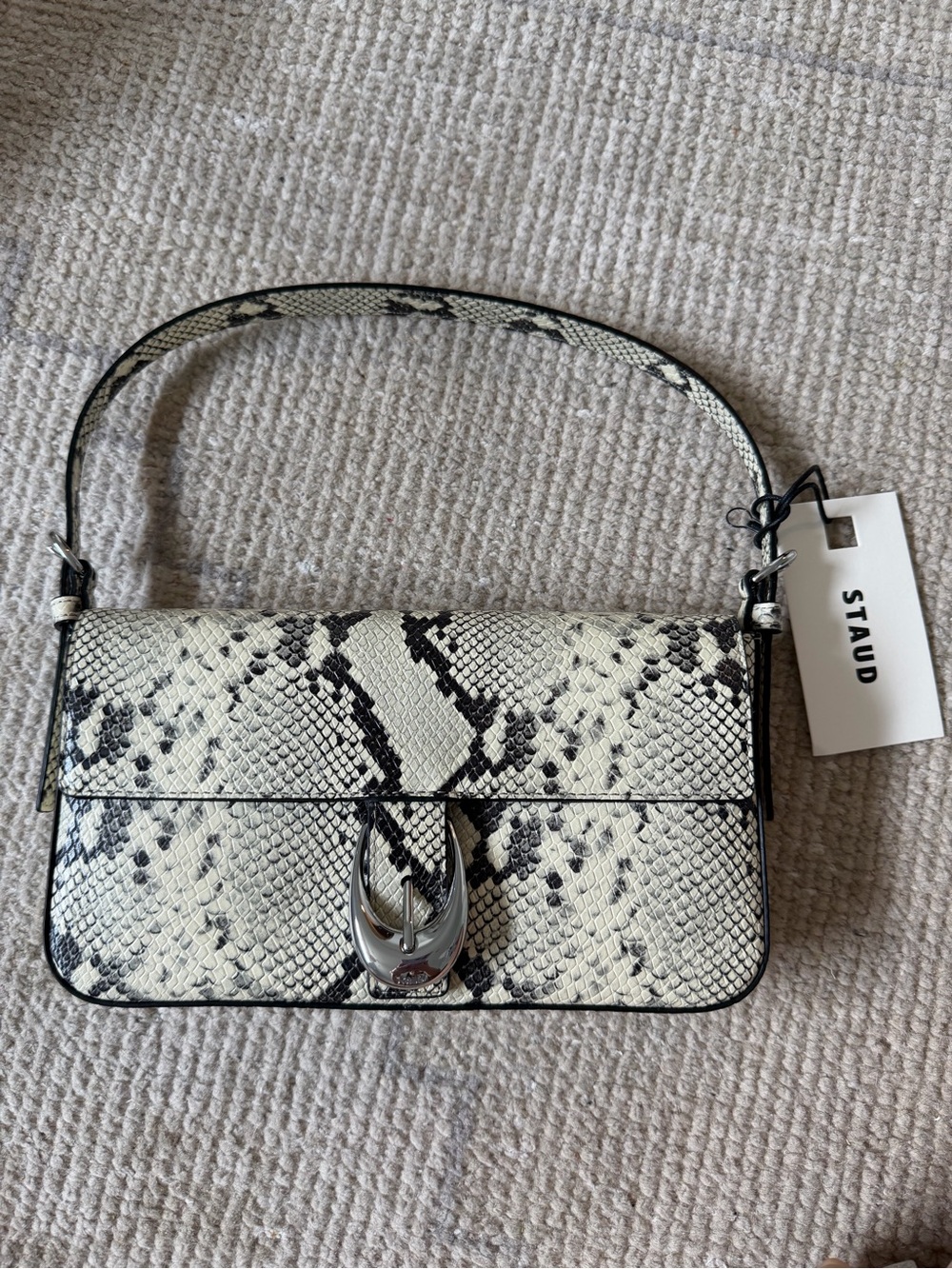STAUD Harlow Black & White Snake-Print Shoulder Bag NWT